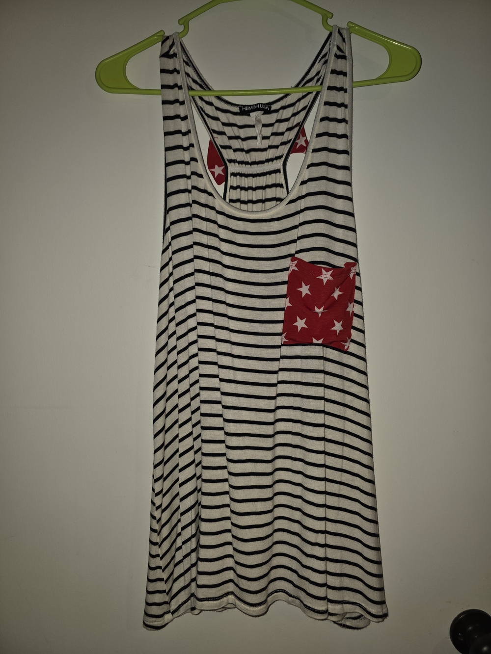 HEIMISH USA Navy & White Striped Racerback Tank with Red Star Pocket